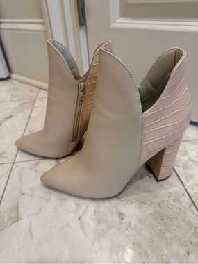 Beige Pointed-Toe High Heel Ankle Boots - Women's